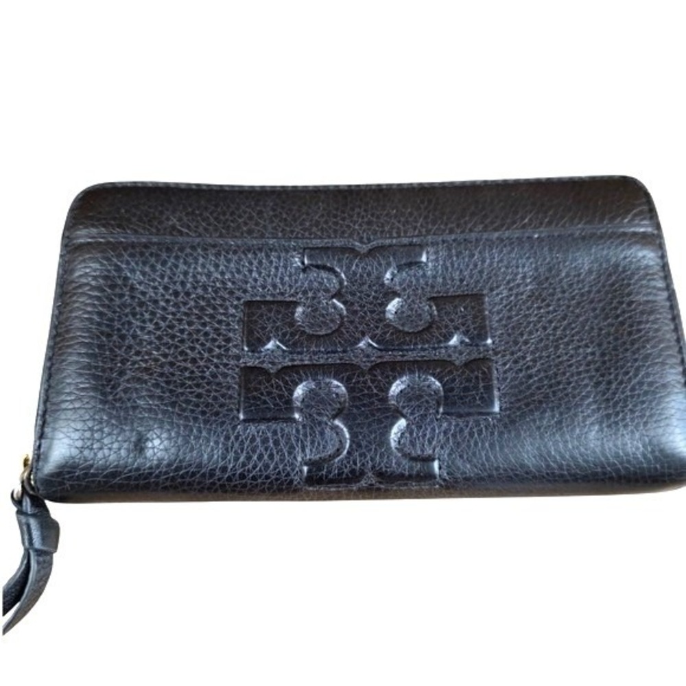 Tory Burch Bombe T Zip Wallet Continental Black Pebbled Leather